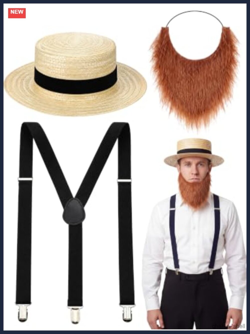 Amish Men Costume Set Hat Beard Suspenders Straw Flat Top